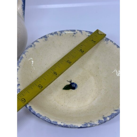 VTG Art Pottery Pitcher & Spongeware Bowl Set Blue Cream Blueberry Design Decor - Picture 7 of 8